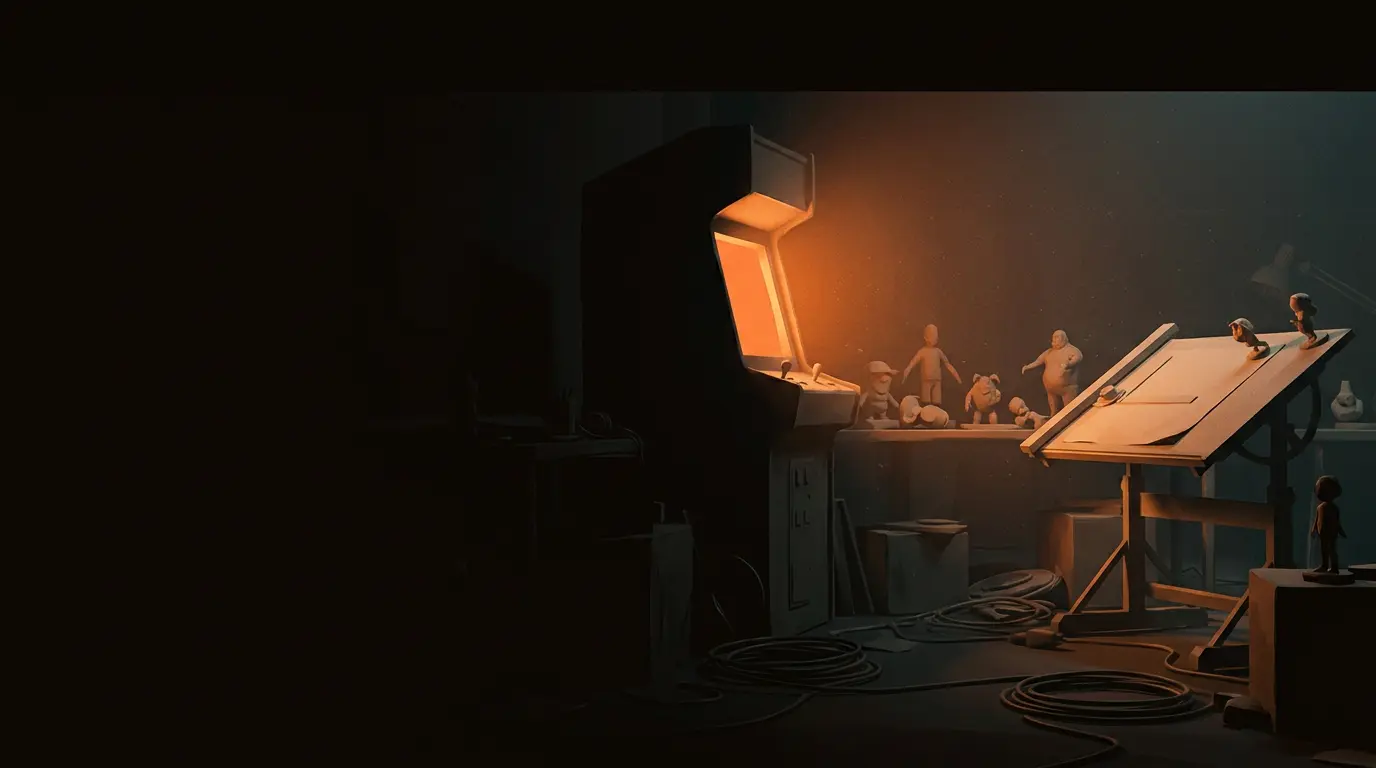 A darkened studio workshop lit by the screen of a handmade arcade cabinet