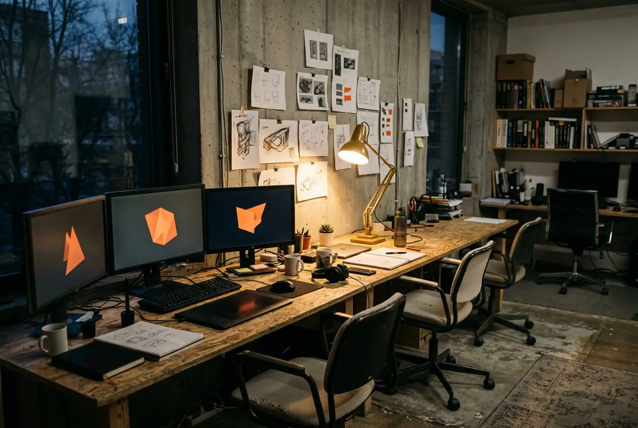The studio workspace at dusk: plywood desks, monitors, pinned concept sketches